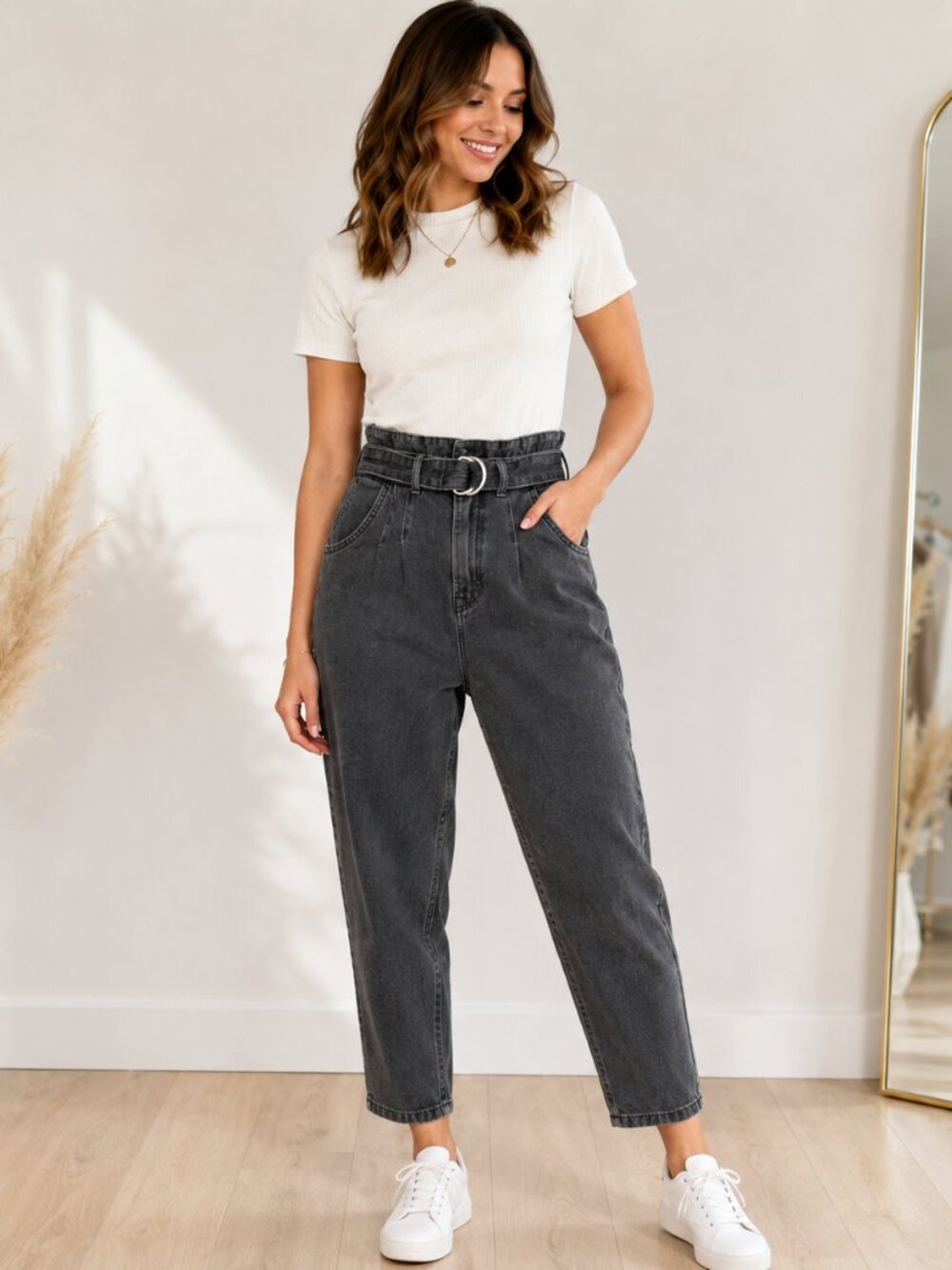 &Denim Black Ultra High Rise Mom Jeans Size 8 Belted